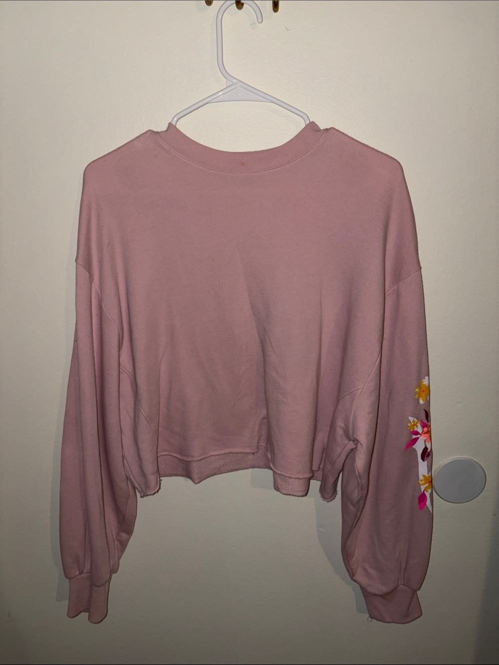 PINK Women's Dusty Pink Cropped Sweatshirt with Floral Sleeve